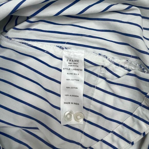 Frame Womens Striped Asymmetrical Off-Shoulder Cut-out Blouse Blue White Small - Picture 11 of 14